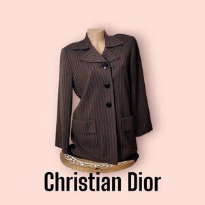 Christian Dior Brown Pinstripe Blazer Jacket Womens Size 12 Classic Tailored Loo